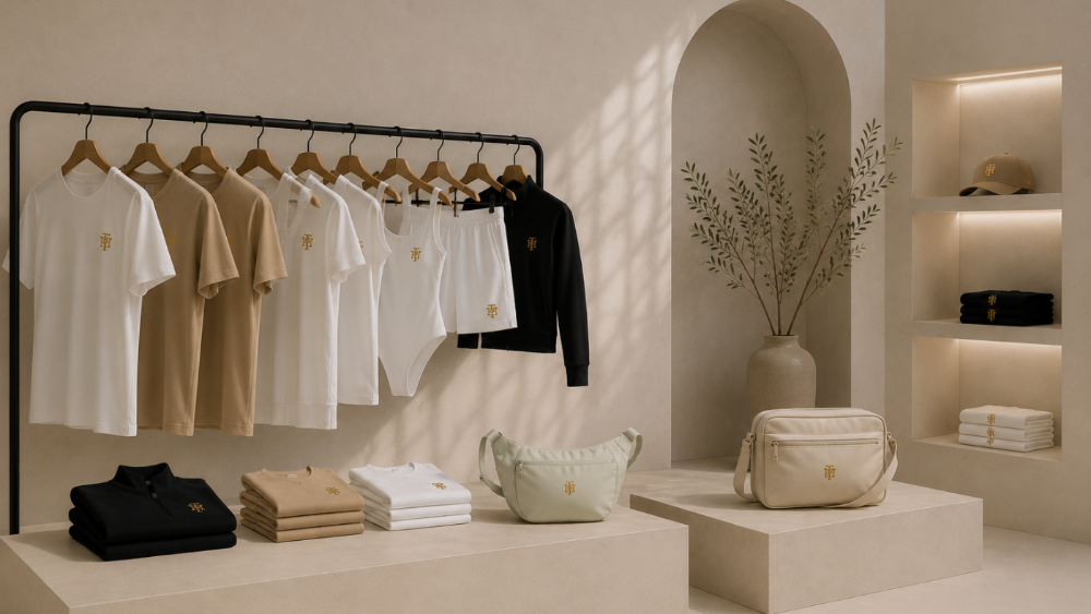 A minimalist boutique interior with a clothing rack holding white, beige, and black short-sleeve tops, folded matching garments on display tables, a pale green waist bag, and a cream shoulder bag on a beige platform. Shelves with books and a hat, a vase with dried branches, and warm architectural lighting are visible in the background.